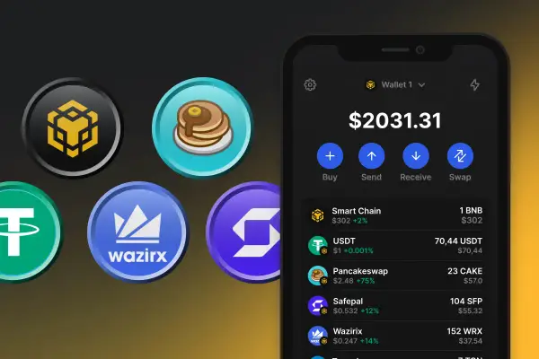 Portfel cyfrowy z kryptowalutami, w tym tokenami BEP-20, jak USDT i CAKE. Widoczny ekran telefonu z saldem $2031.31.